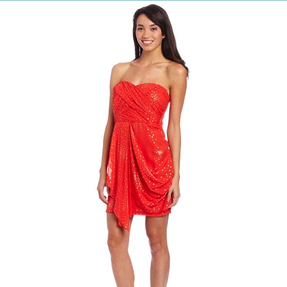 Strapless orange and gold formal dress